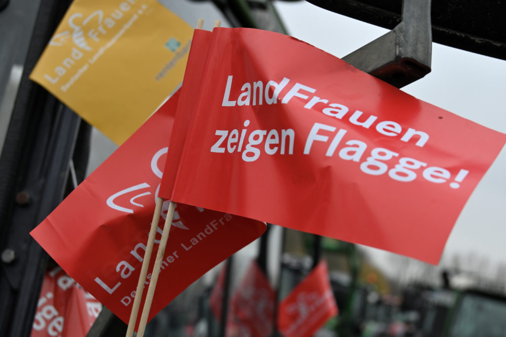 Papierfahne mit der Aufschrift, Landfrauen zeigen Flagge. Landwirte protestieren mit Ihren Treckern gegen die Agrarpolitik in Deutschland. Sie treffen sich am Remydamm in Dortmund zu einer Zwischenkundgebung. Treckerdemo in Dortmund, Dortmund Nordrhein-Westfalen Deutschland 