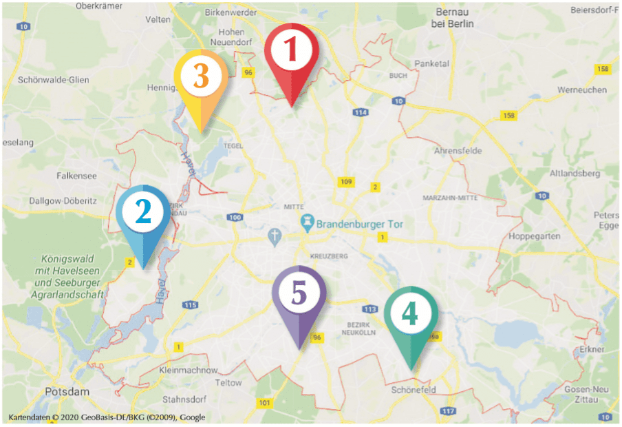 Karte mit den fünf besuchten Landwirtschaftsbetrieben in Berlin