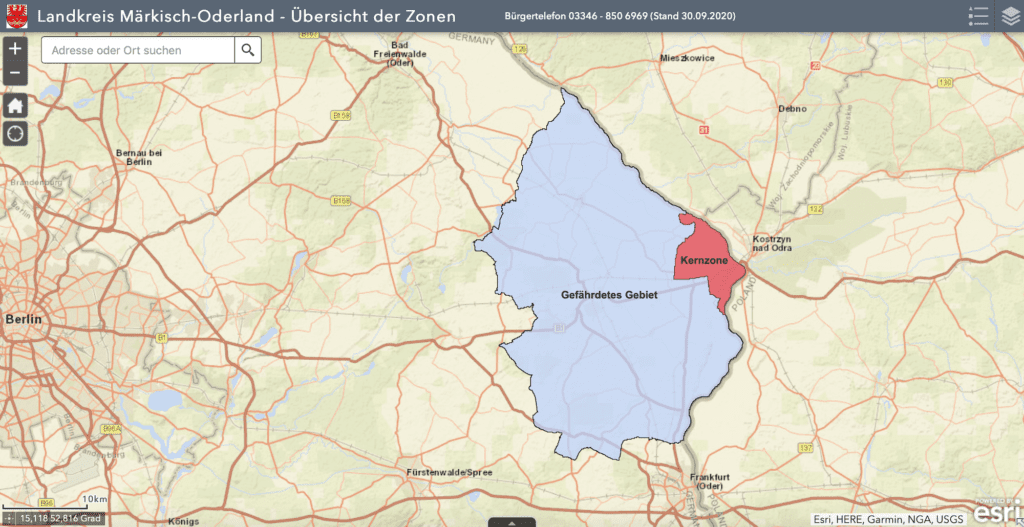 Übersicht der ASP-Restriktionszonen im Landkreis Märkisch-Oderland in Brandenburg
