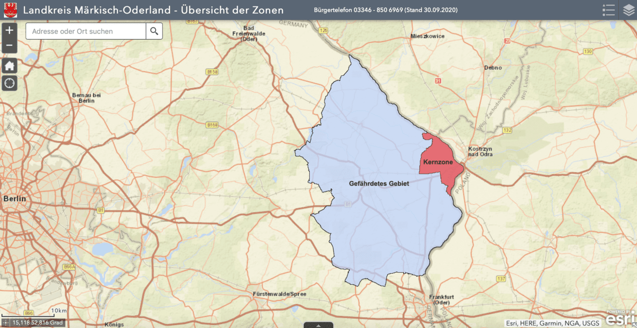 Übersicht der ASP-Restriktionszonen im Landkreis Märkisch-Oderland in Brandenburg