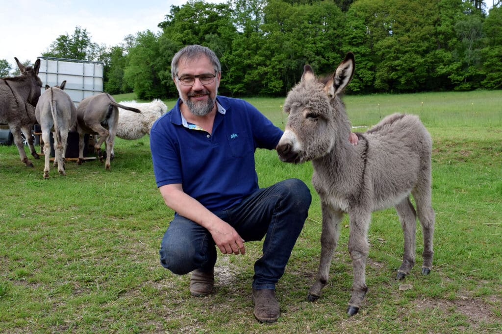 Pflegedienst und Bauernhof Eck: Steffen Eck mit Eselnachwuchs.