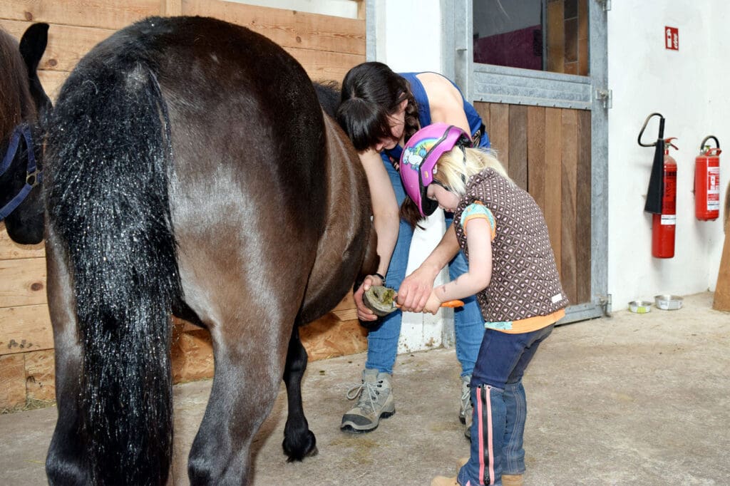 Studentin und Mitarbeiterin Julia Beyer hilft den Reitkindern beim Auskratzen der Pferdehufe.