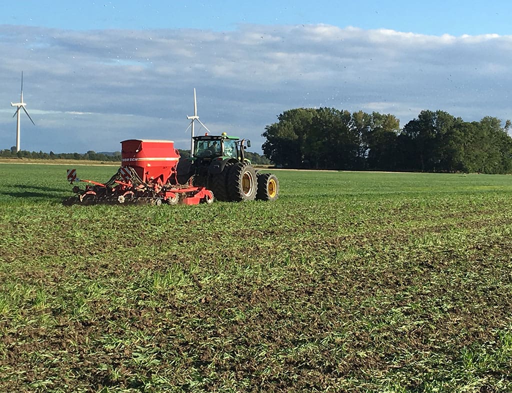 Traktor bei der Rapsaussaat mit Begleitpflanzenmischung