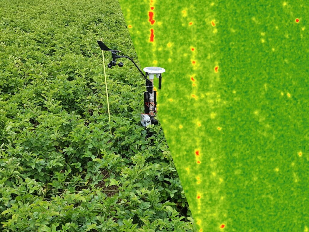 Der „smarte Wettersensor“ der Firma Arable Labs. Neben allgemeinen meteorologischen Parametern (Temperatur, Niederschlag, Luftfeuchte, Strahlung) wird auch die Refl ektion von Licht in sieben Kanäle des spektralen Spektrums aufgezeichnet. Diese Kanäle stimmen mit den Aufnahmekanälen der gängigen Satelliten überein und können somit zur besseren Beurteilung räumlicher Phänomene dienen. Die Sensoren lassen sich mit Messgeräten erweitern.