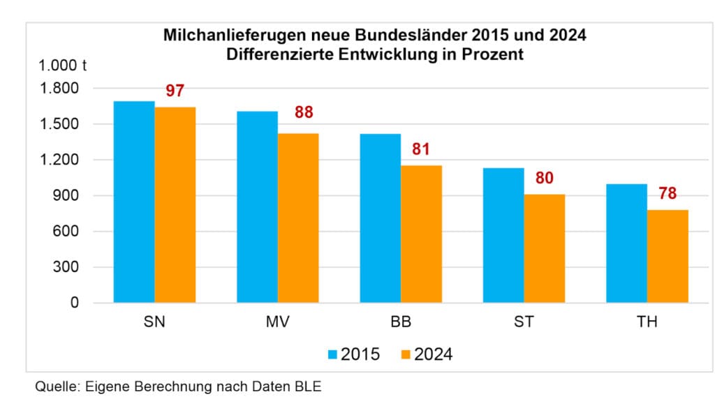 Milchanlieferungen ostdeutsche Bundesländer 2015 und 2024 – Differenzierte Entwicklung in Prozent