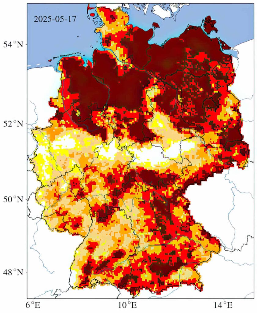 Der Dürremonitor zeigt das verfügbare Bodenwasser an.