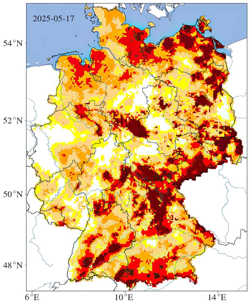 Der Dürremonitor zeigt das verfügbare Bodenwasser an.