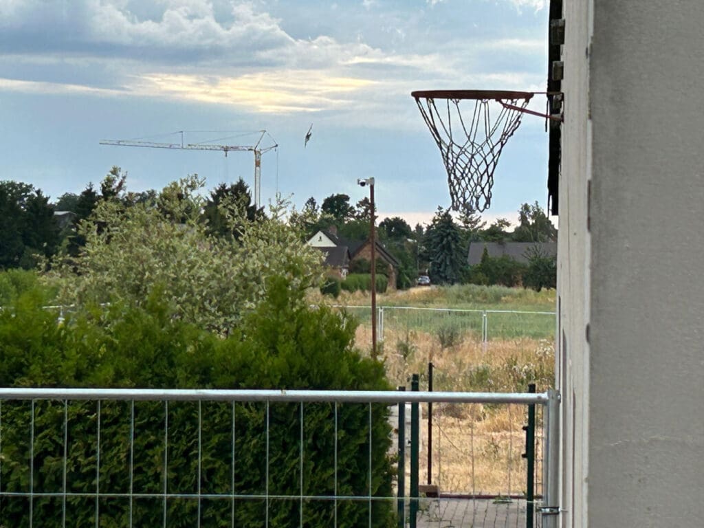 Blick aus dem Fenster auf den Hof. Seit Ende Juni waren die Noacks durch die Bauzäune in ihrem Bewegungsradius sichtlich eingeschränkt. Die Nebengebäude waren passé, eine Kamera (r.) überwachte das Geschehen. © Heike Mildner